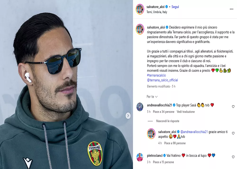 la pagina instram di salvatore aloi dove saluta i suoi ex compagni