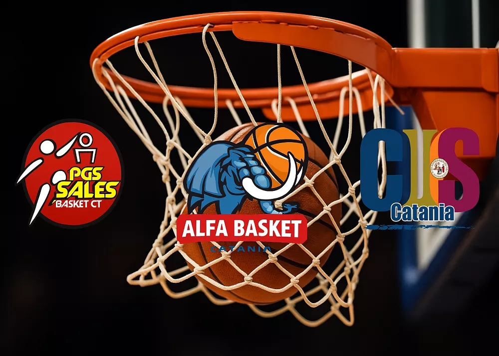 i loghi delle tre squadre di basket di catania, il cus, l'alfa basket e il pgs sales