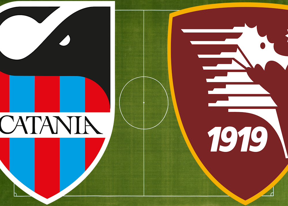 i loghi di catania e salernitana sul campo di calcio