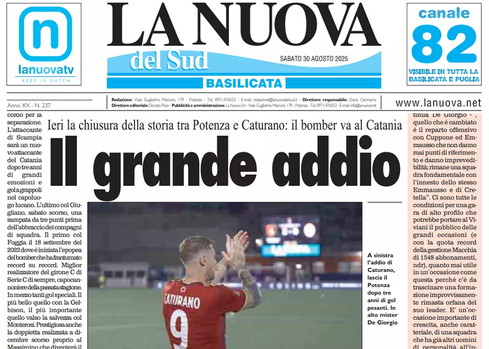la pagina sull'addio di caturano al Potenza sulla Nuova del Sud