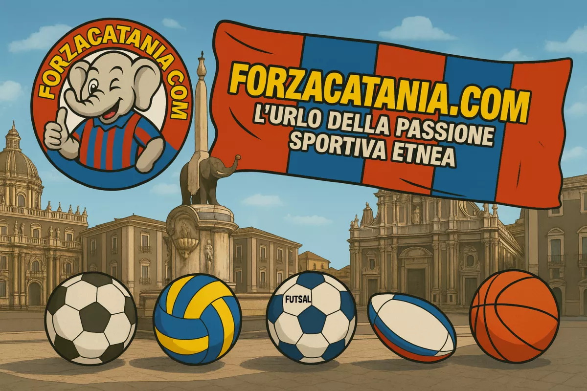 L'immagine del sito sullo sfondo di piazza duomo di Catania con i palloni degli sport principali.