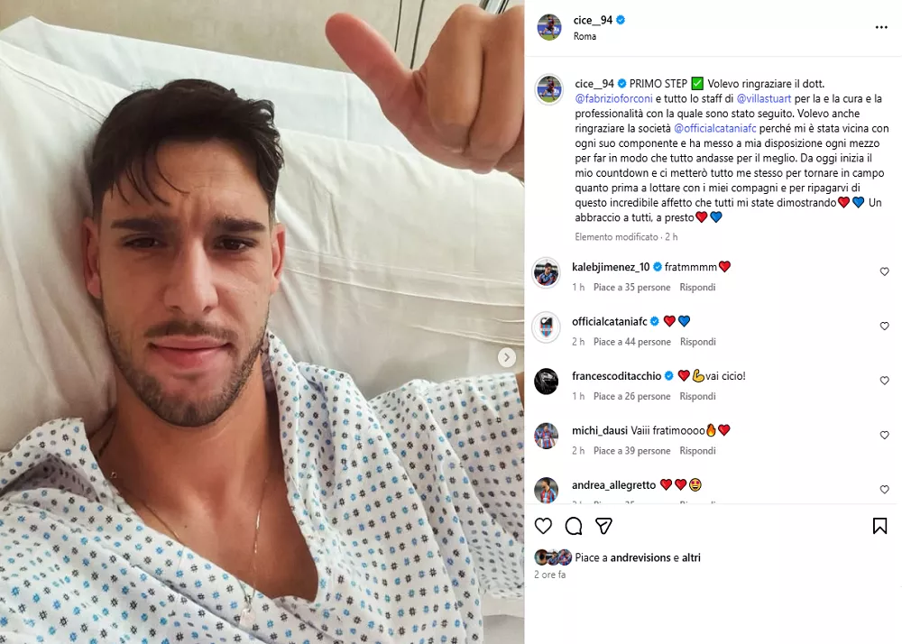 il post di emmanuele cicerelli dopo l'intervento subito