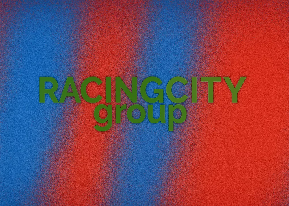 il logo del racing city group su uno sfondo rosso ed azzurro
