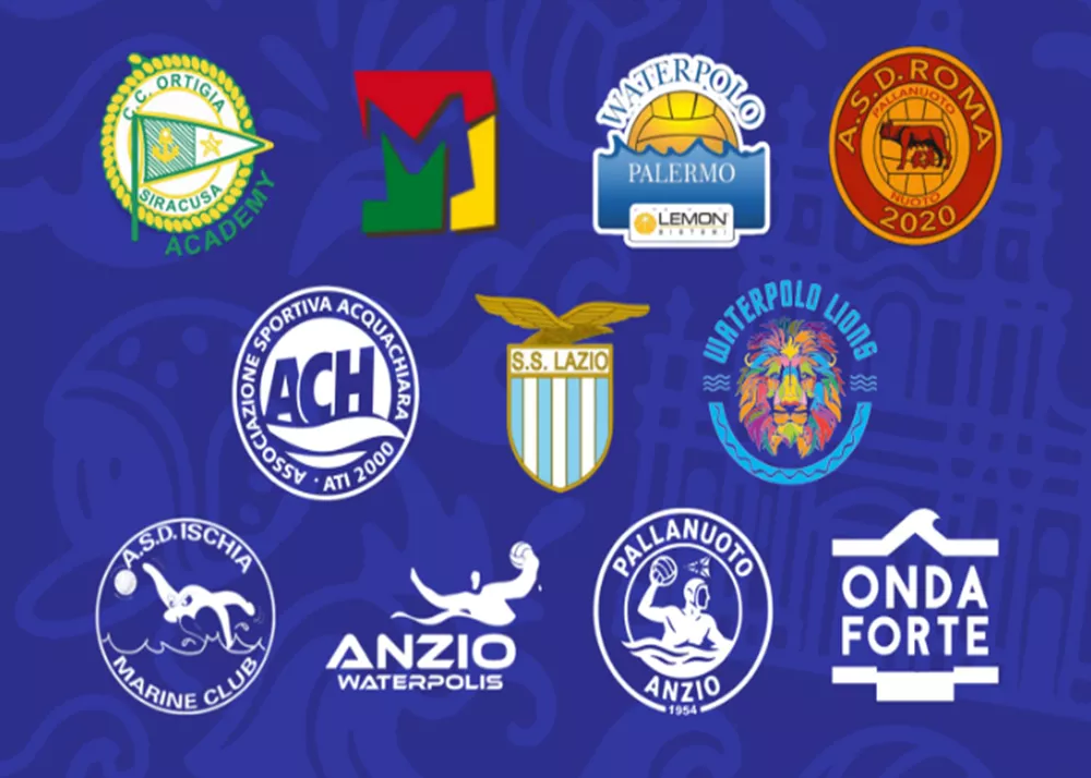 i loghi delle formazioni di pallanuoto del girone sud di serie a2