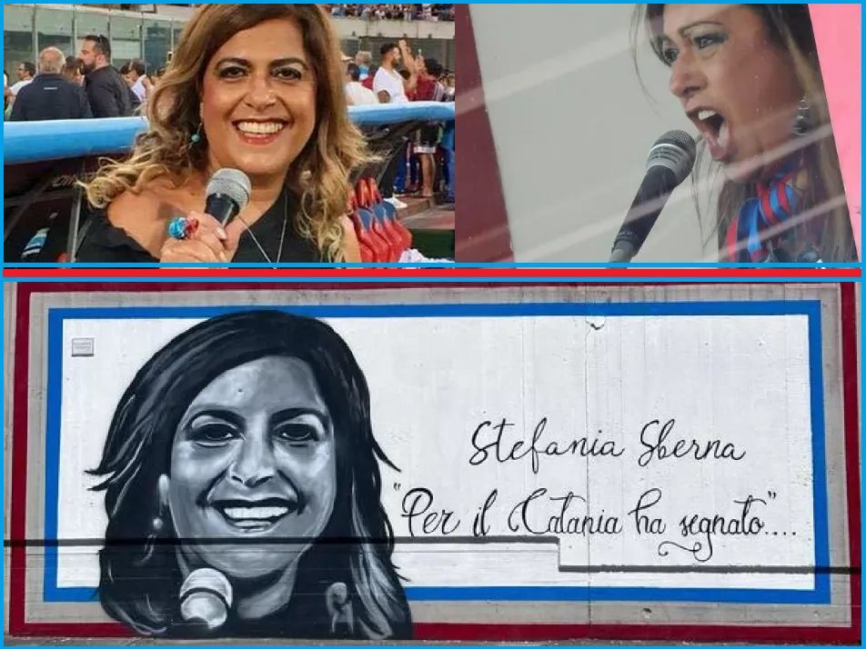 stefania sberna ritratta in due immagini e nel murales presente allo stadio